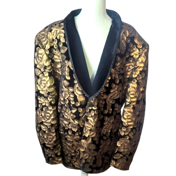 Black Velvet Gold Floral Sequins Modern Harry Styles Inspo Tuxedo Jacket Sz XL - Picture 10 of 12